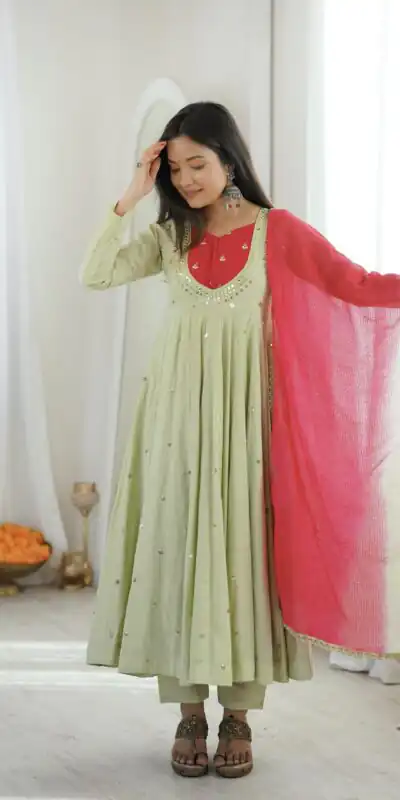 Lovely Pista Roman Silk Mirror Embroidery Work Gown