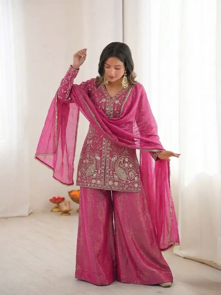 JF 043 Rani Pink Pure Fendy Silk Salwar Suitwith Embroidery Work & Sequins Work. Exclusive Offer ₹1940. Delivery 4-6 Working Days. Shop now. | Jump Suits, Salwar suit, Casual Suits, Creative suits, Designer Suits, Palazzo Suits, Party Wear Suits, Patiala Suits, Straight Suits
