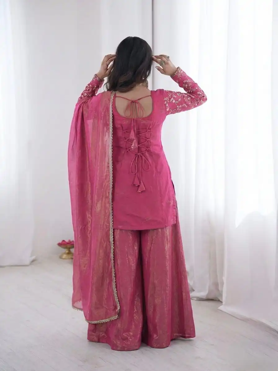 JF 043 Rani Pink Pure Fendy Silk Salwar Suitwith Embroidery Work & Sequins Work. Exclusive Offer ₹1940. Delivery 4-6 Working Days. Shop now. | Jump Suits, Salwar suit, Casual Suits, Creative suits, Designer Suits, Palazzo Suits, Party Wear Suits, Patiala Suits, Straight Suits