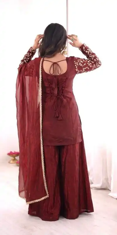 JF 043 Rust Pure Fendy Silk Salwar Suitwith Embroidery Work & Sequins Work. Exclusive Offer ₹1940. Delivery 4-6 Working Days. Shop now. | Jump Suits, Salwar suit, Casual Suits, Creative suits, Designer Suits, Palazzo Suits, Party Wear Suits, Patiala Suits, Straight Suits