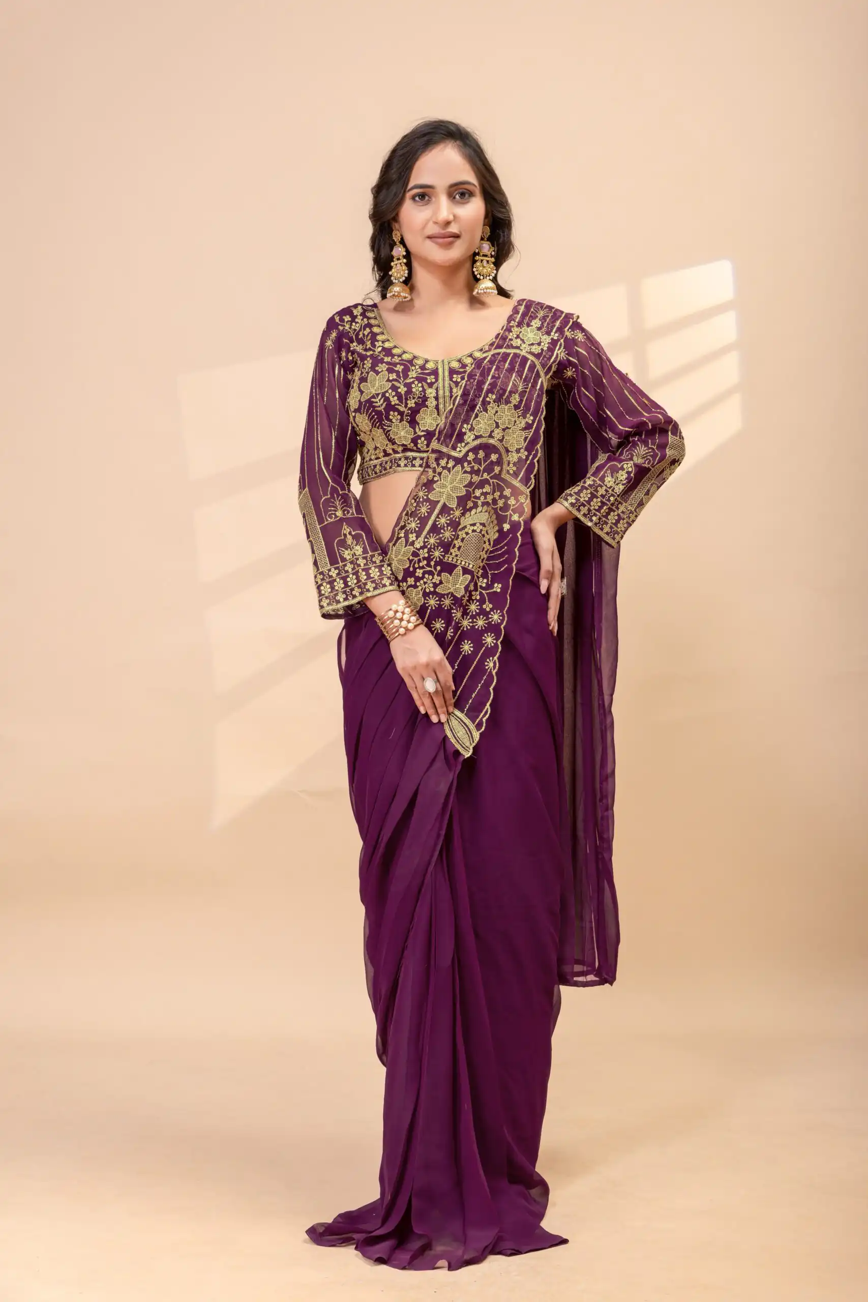 ST 1172 Wine Faux Georgette Saree with Embroidery Work & Bead Work. Now at just ₹1849. Delivery 4-6 Working Days. Shop now. | Sarees, Bollywood Sarees, Creative Sarees, Designer Sarees, Embroidered Sarees, Ethnic Saree, Modern Digital sarees, Party Wear Sarees