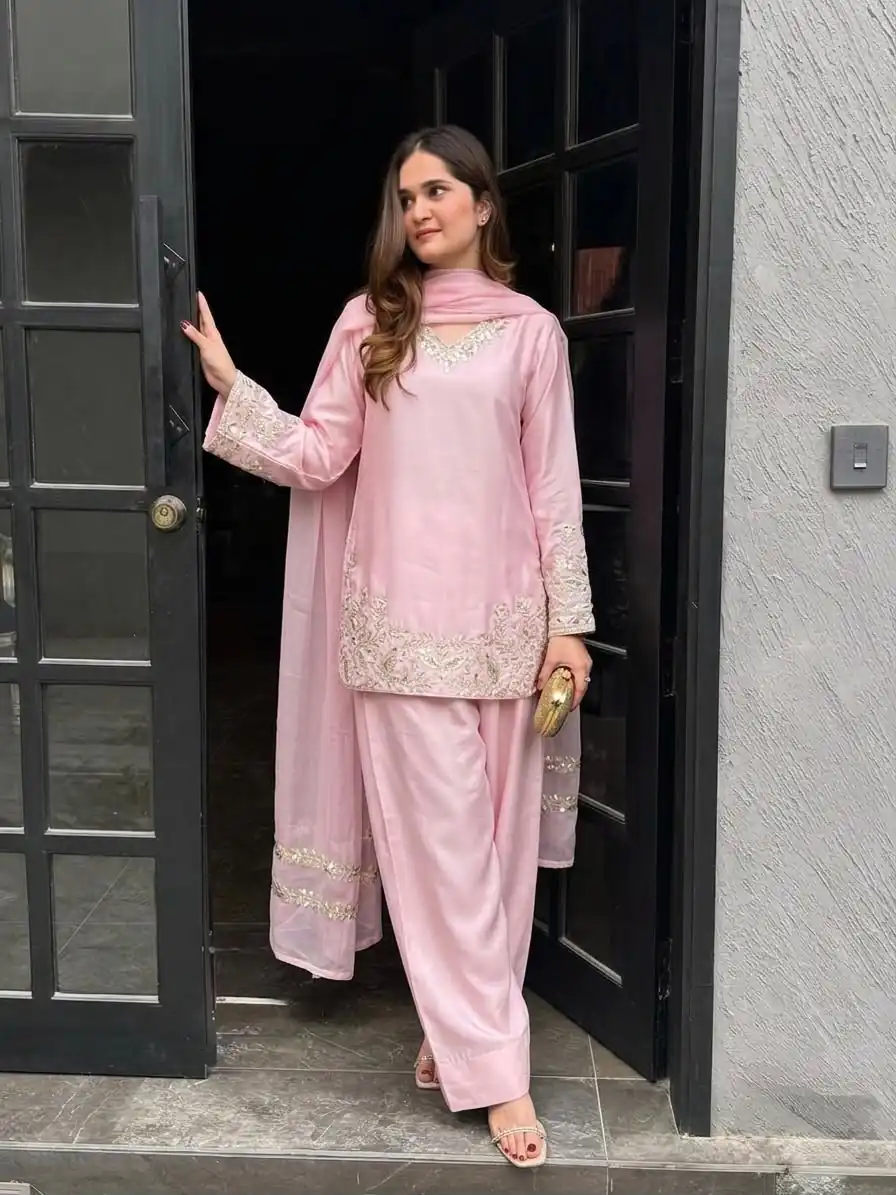 ZSR 3125 Pink Natural Crepp Silk With Embroidery Sequence Work Salwar Suit Perfect for Wedding, Party, Housewarming, Eid, Festival Celebrations | Jump Suits, Tops & Bottoms, Track Suits, Salwar suit, Casual Suits, Creative suits, Designer Suits, Palazzo Suits, Party Wear Suits, Patiala Suits, Straight Suits, Trendy Wear