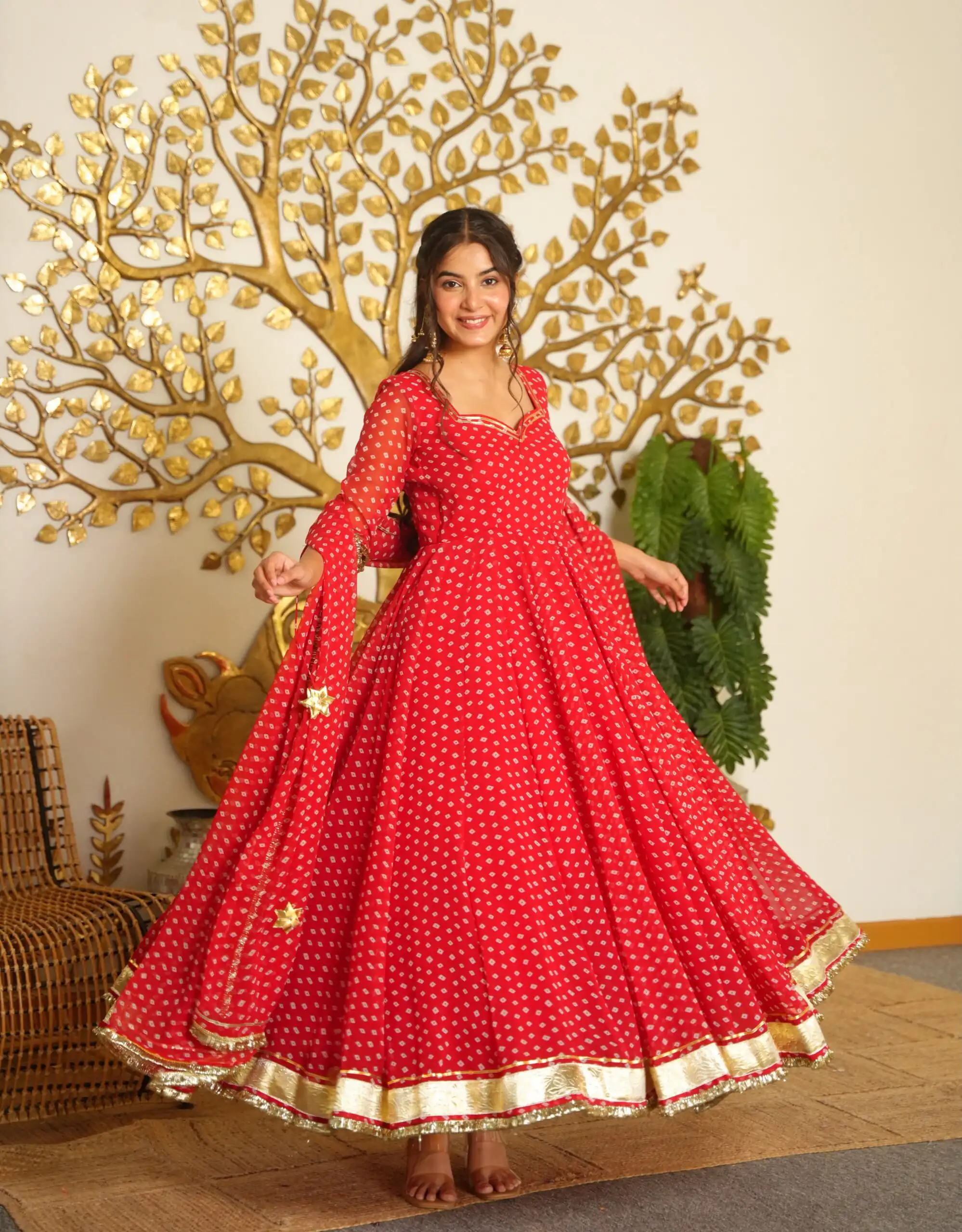 AD 239 Red in Colour Faux Georgette Bandhani Print Work Gown. Available at ₹1999 only. Delivery 4-6 Working Days. Shop now. | Gowns, Bollywood Gowns, Creative Gowns, Designer Gowns, Embroidered Gowns, Party Wear Gowns
