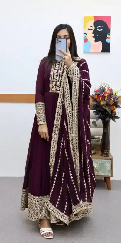 ZC 8957 Wine Perfect for Wedding, Party, Lohri, Haldi, Ethnic Day – . Available at ₹999 only. Delivery 4-6 Working Days. Shop now. | Gowns, Bollywood Gowns, Creative Gowns, Designer Gowns, Embroidered Gowns, Party Wear Gowns