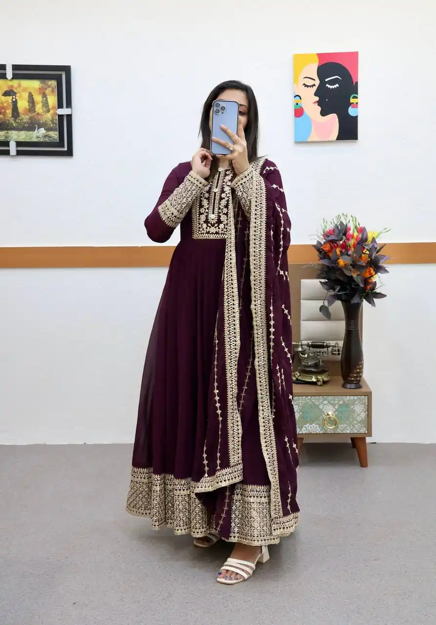 ZC 8957 Wine Perfect for Wedding, Party, Lohri, Haldi, Ethnic Day – . Available at ₹999 only. Delivery 4-6 Working Days. Shop now. | Gowns, Bollywood Gowns, Creative Gowns, Designer Gowns, Embroidered Gowns, Party Wear Gowns