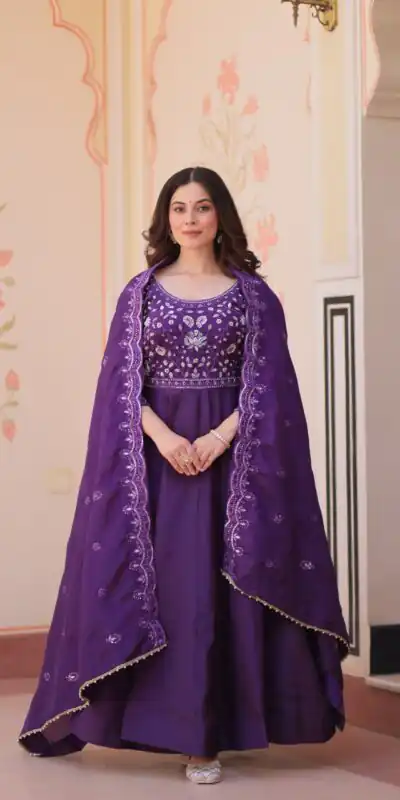 KA 1230 Purple in Gold Crush Zari Work & Embroidery Work Gown . Affordable Price ₹1999. Delivery 4-6 Working Days. Shop now. | Gowns, Bollywood Gowns, Creative Gowns, Designer Gowns, Embroidered Gowns, Party Wear Gowns