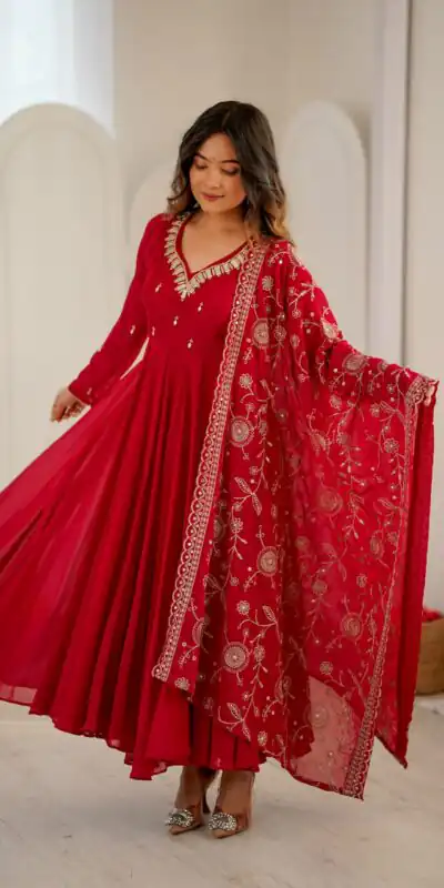 Shiny Red Faux Georgette Embroidery Mirror Work Gown