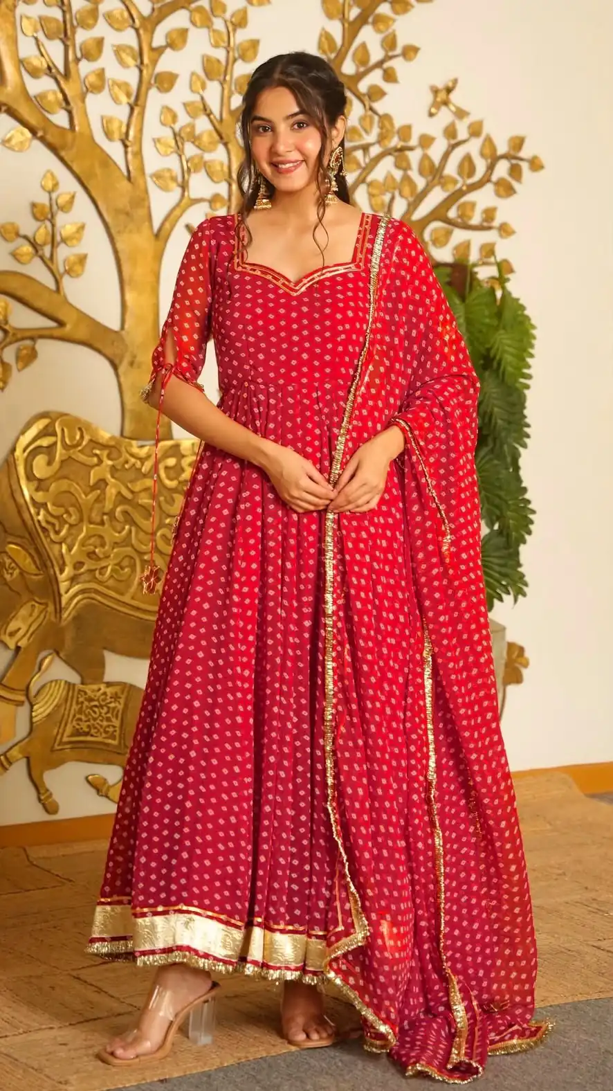 KD 1637 Red in Colour Faux Georgette Bandhani Print Work Gown. Available at ₹1999 only. Delivery 4-6 Working Days. Shop now. | Gowns, Bollywood Gowns, Creative Gowns, Designer Gowns, Embroidered Gowns, Party Wear Gowns