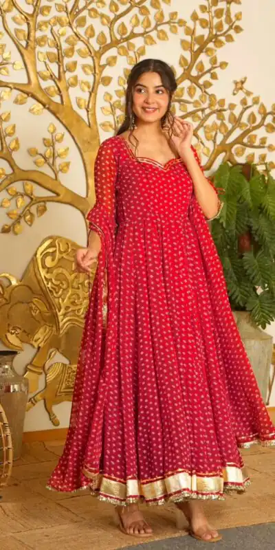 KD 1637 Red in Colour Faux Georgette Bandhani Print Work Gown. Available at ₹1999 only. Delivery 4-6 Working Days. Shop now. | Gowns, Bollywood Gowns, Creative Gowns, Designer Gowns, Embroidered Gowns, Party Wear Gowns