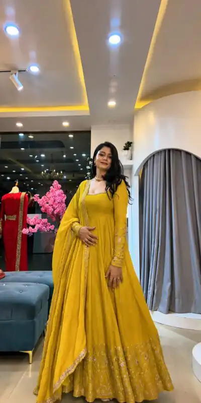 SSR 544 Yellow in Crunchy Silk Embroidery Work & Lace Work Gown . Special Price ₹2399. Delivery 4-6 Working Days. Shop now. | Gowns, Bollywood Gowns, Creative Gowns, Designer Gowns, Embroidered Gowns, Party Wear Gowns