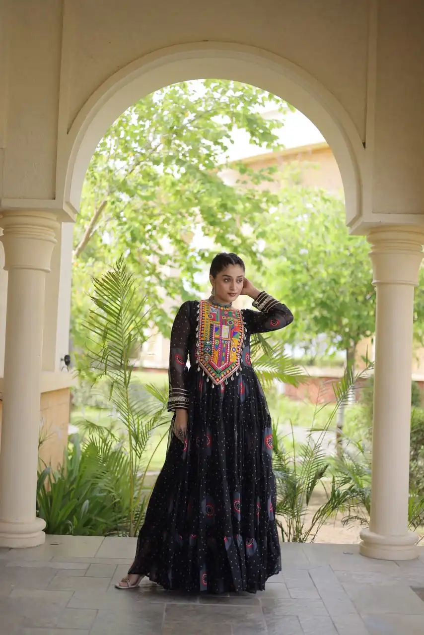 KA 1267 Black in Colour Faux Georgette Bandhani Print Work Gown. Available at ₹1919 only. Delivery 4-6 Working Days. Shop now. | Gowns, Bollywood Gowns, Creative Gowns, Designer Gowns, Embroidered Gowns, Party Wear Gowns