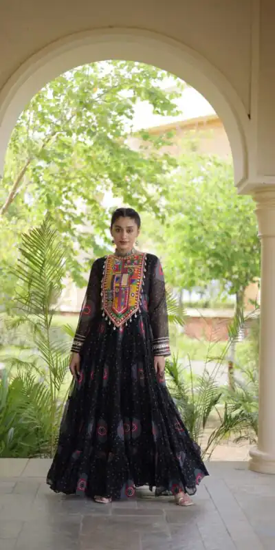 KA 1267 Black in Colour Faux Georgette Bandhani Print Work Gown. Available at ₹1919 only. Delivery 4-6 Working Days. Shop now. | Gowns, Bollywood Gowns, Creative Gowns, Designer Gowns, Embroidered Gowns, Party Wear Gowns