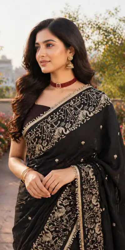 BT 446 Black Black Star Georgette Saree with Lace Work & Embroidery Work. Festive Deal ₹1799. Delivery 4-6 Working Days. Shop now. | Sarees, Bollywood Sarees, Creative Sarees, Designer Sarees, Embroidered Sarees, Ethnic Saree, Modern Digital sarees, Party Wear Sarees
