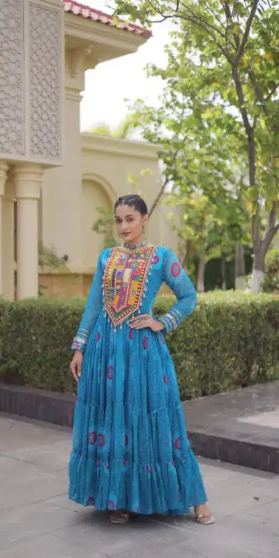 KA 1267 Blue in Colour Faux Georgette Bandhani Print Work Gown. Available at ₹1919 only. Delivery 4-6 Working Days. Shop now. | Gowns, Bollywood Gowns, Creative Gowns, Designer Gowns, Embroidered Gowns, Party Wear Gowns