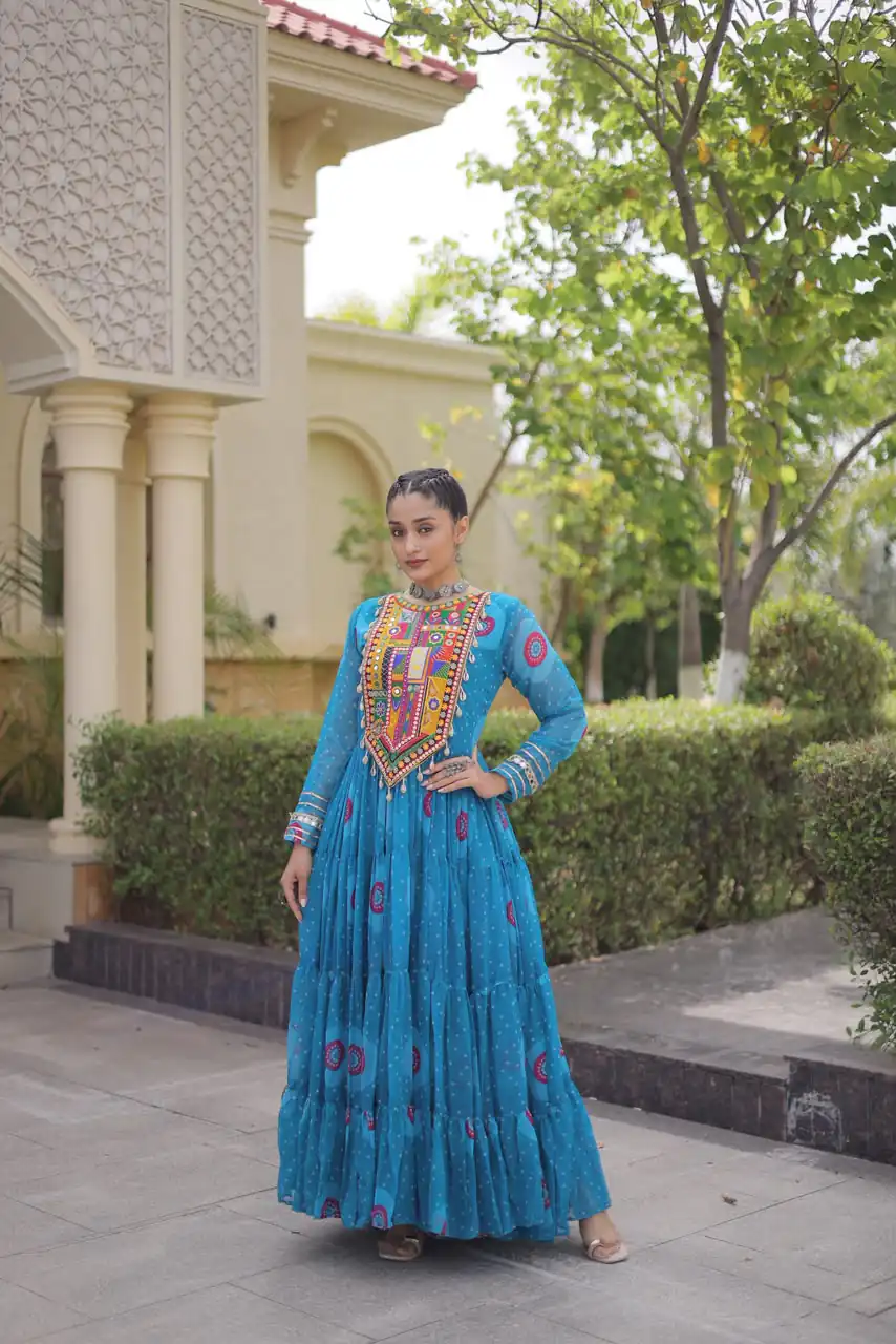 KA 1267 Blue in Colour Faux Georgette Bandhani Print Work Gown. Available at ₹1919 only. Delivery 4-6 Working Days. Shop now. | Gowns, Bollywood Gowns, Creative Gowns, Designer Gowns, Embroidered Gowns, Party Wear Gowns