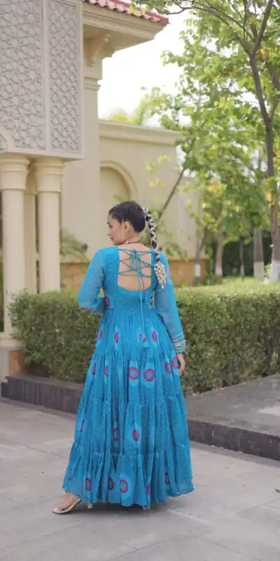 KA 1267 Blue in Colour Faux Georgette Bandhani Print Work Gown. Available at ₹1919 only. Delivery 4-6 Working Days. Shop now. | Gowns, Bollywood Gowns, Creative Gowns, Designer Gowns, Embroidered Gowns, Party Wear Gowns