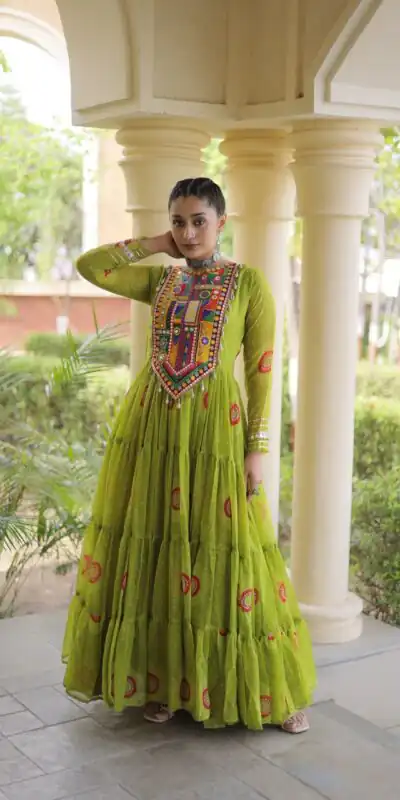 KA 1267 Green in Colour Faux Georgette Bandhani Print Work Gown. Available at ₹1919 only. Delivery 4-6 Working Days. Shop now. | Gowns, Bollywood Gowns, Creative Gowns, Designer Gowns, Embroidered Gowns, Party Wear Gowns