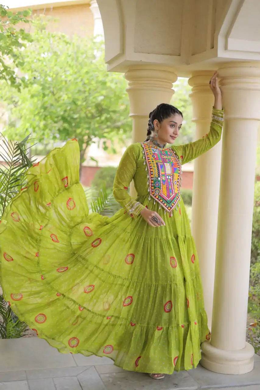 KA 1267 Green in Colour Faux Georgette Bandhani Print Work Gown. Available at ₹1919 only. Delivery 4-6 Working Days. Shop now. | Gowns, Bollywood Gowns, Creative Gowns, Designer Gowns, Embroidered Gowns, Party Wear Gowns