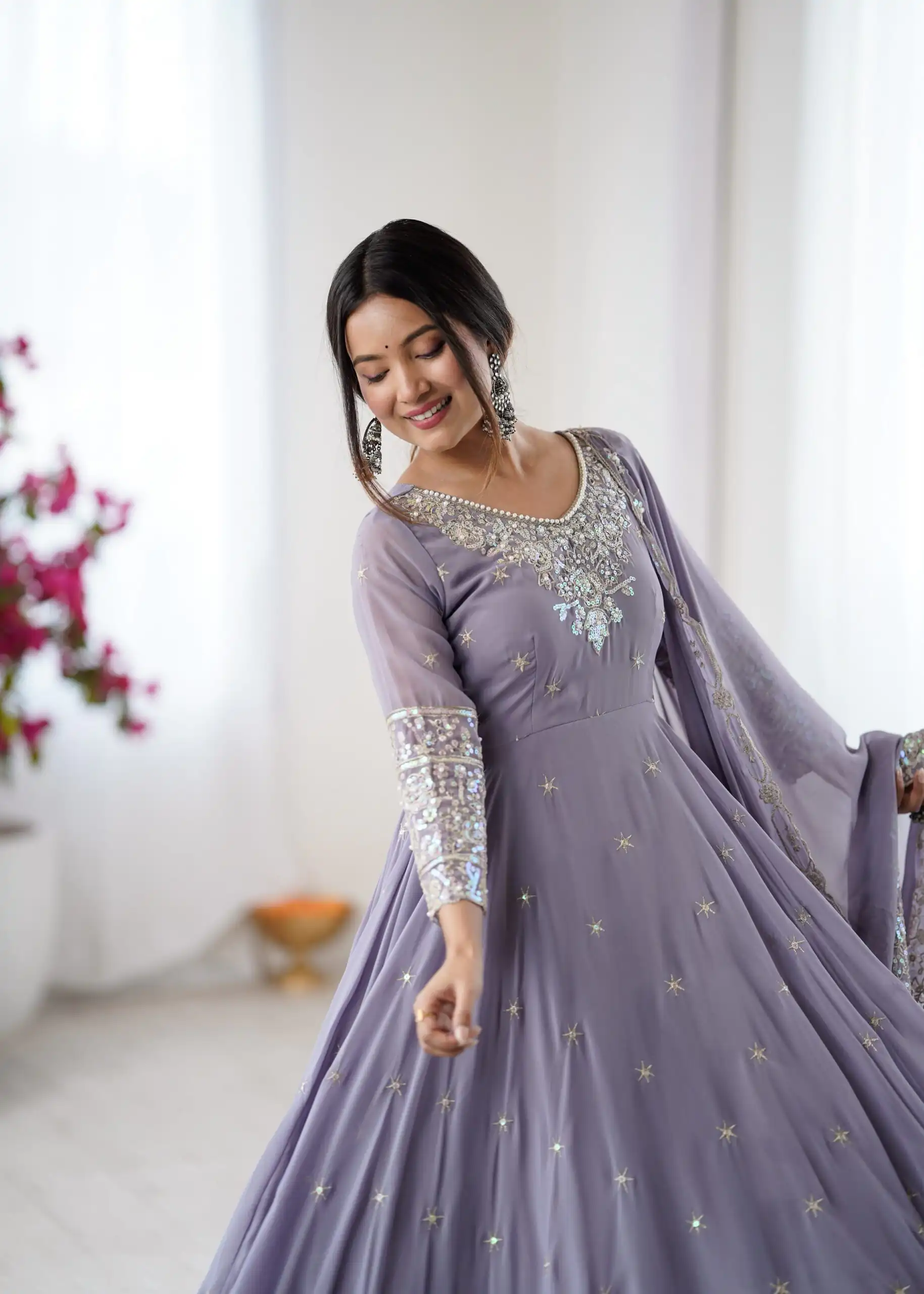 ZF 5012 Lavender Blooming Faux Gown with Embroidery Work. Wedding, Party, Festive, Events Grab it for ₹2149. Delivery 4-6 Working Days. Shop now. | Anarkali Suits, Bollywood Anarkali, Creative-Anarkali, Designer Anarkali, Embroidered Anarkali, Party Wear Anarkali