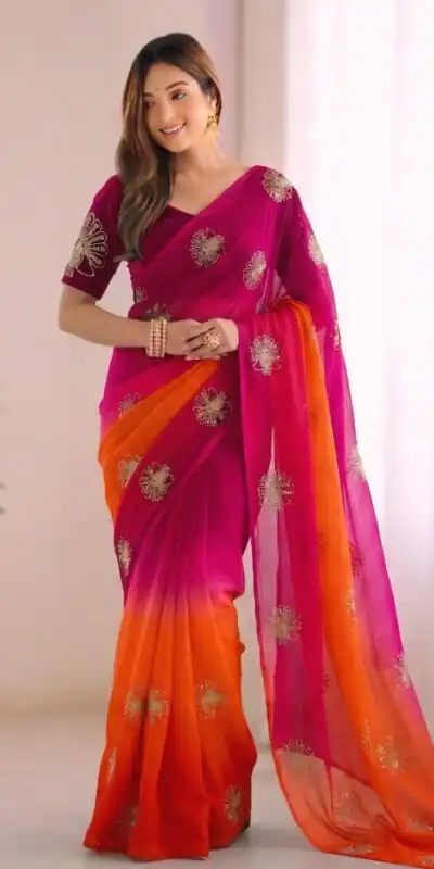 SC 1052 Orange Fendy Silk Saree Perfect for Wedding, Party, Baby Shower, Pongal, Housewarming – . Available at ₹1799 only. Delivery 4-6 Working Days. | Sarees, Bollywood Sarees, Creative Sarees, Designer Sarees, Embroidered Sarees, Ethnic Saree, Modern Digital sarees, Party Wear Sarees