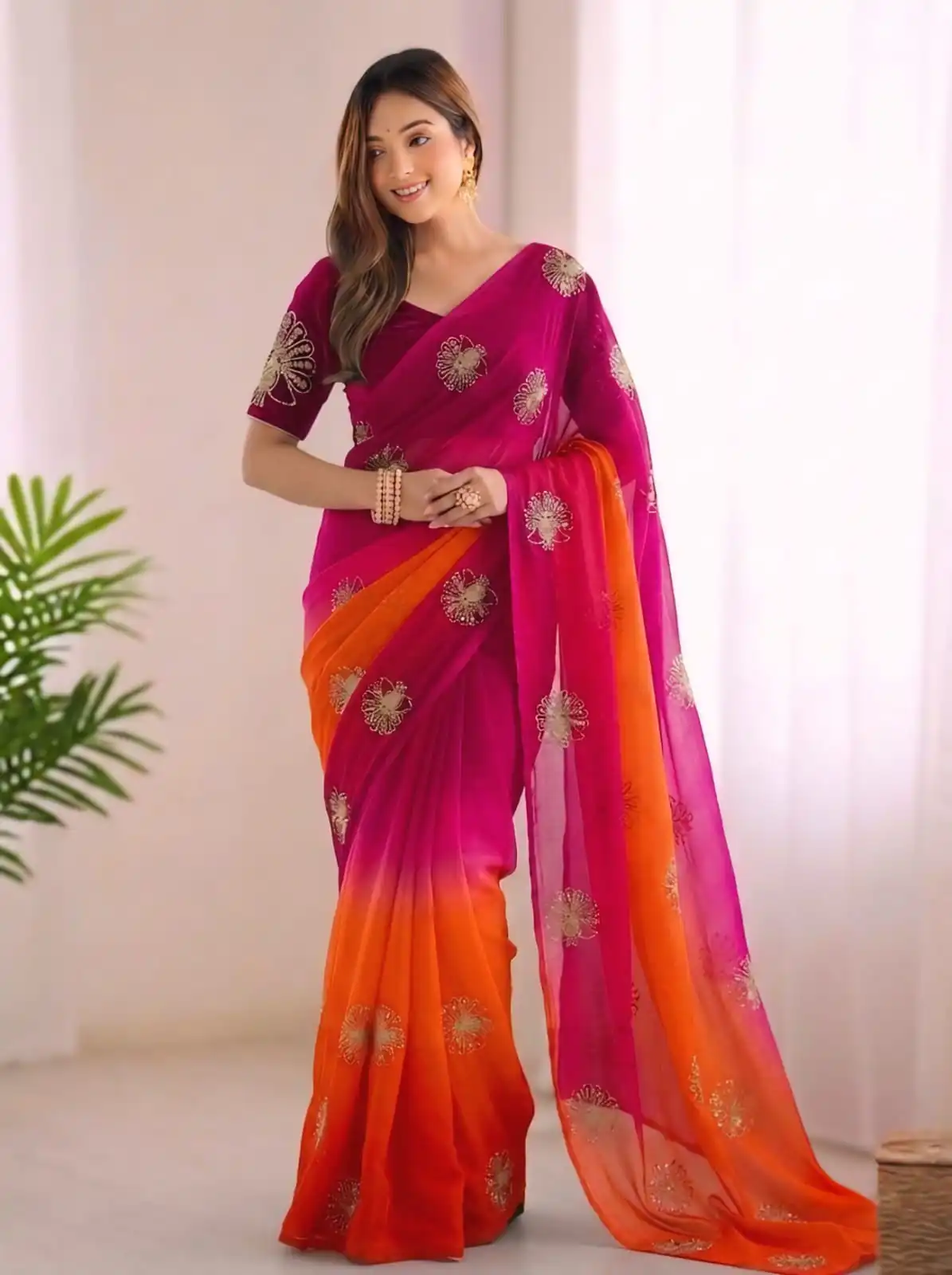 SC 1052 Orange Fendy Silk Saree Perfect for Wedding, Party, Baby Shower, Pongal, Housewarming – . Available at ₹1799 only. Delivery 4-6 Working Days. | Sarees, Bollywood Sarees, Creative Sarees, Designer Sarees, Embroidered Sarees, Ethnic Saree, Modern Digital sarees, Party Wear Sarees