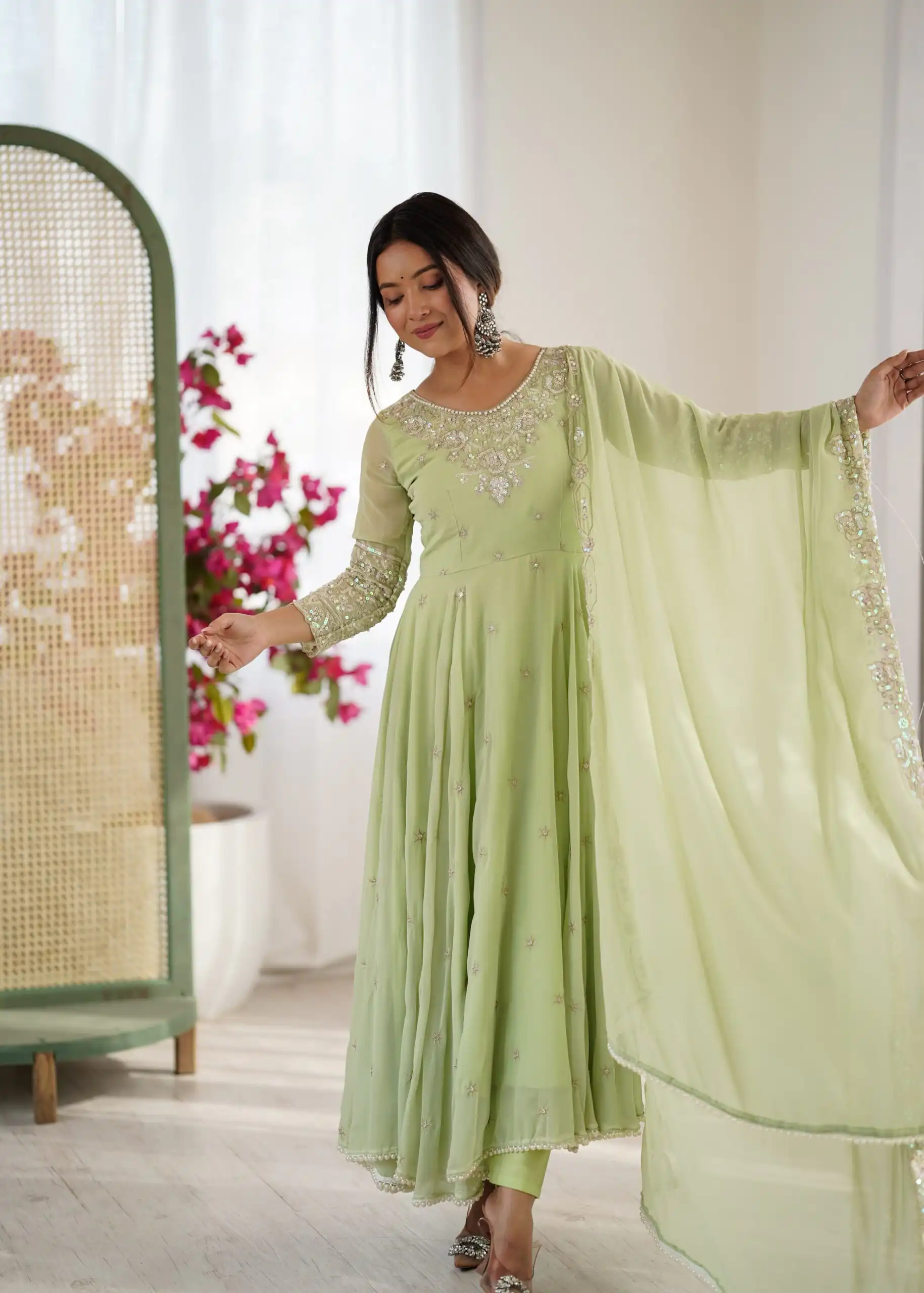 ZF 5012 Pista Blooming Faux Gown with Embroidery Work. Wedding, Party, Festive, Events Grab it for ₹2149. Delivery 4-6 Working Days. Shop now. | Anarkali Suits, Bollywood Anarkali, Creative-Anarkali, Designer Anarkali, Embroidered Anarkali, Party Wear Anarkali