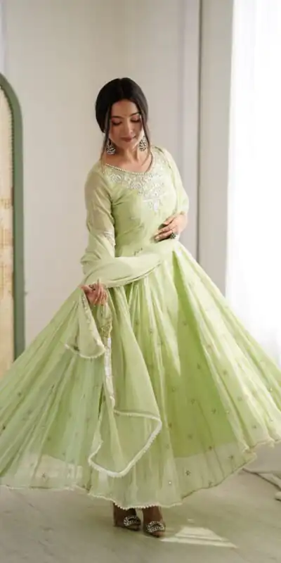 ZF 5012 Pista Blooming Faux Gown with Embroidery Work. Wedding, Party, Festive, Events Grab it for ₹2149. Delivery 4-6 Working Days. Shop now. | Anarkali Suits, Bollywood Anarkali, Creative-Anarkali, Designer Anarkali, Embroidered Anarkali, Party Wear Anarkali