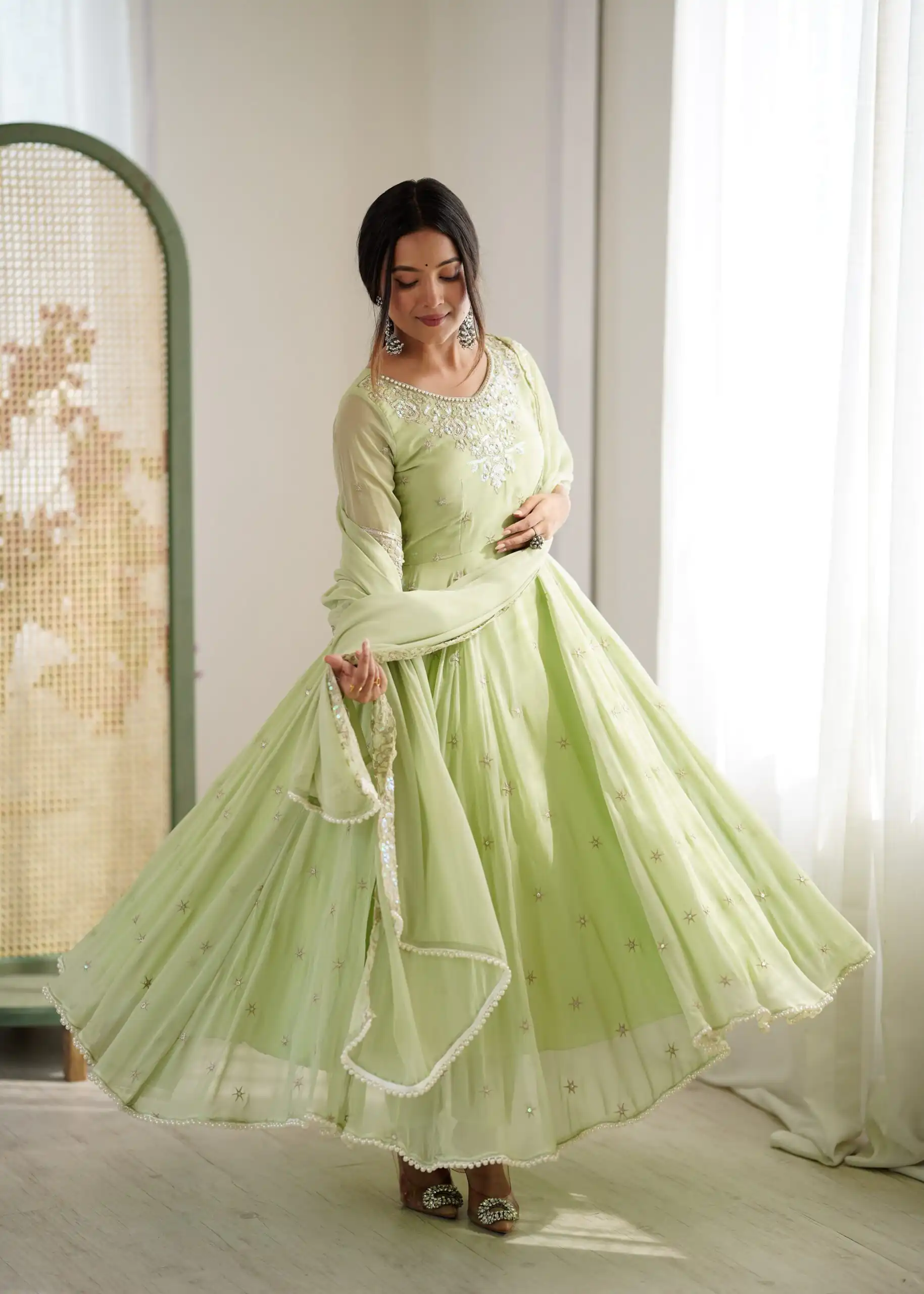 ZF 5012 Pista Blooming Faux Gown with Embroidery Work. Wedding, Party, Festive, Events Grab it for ₹2149. Delivery 4-6 Working Days. Shop now. | Anarkali Suits, Bollywood Anarkali, Creative-Anarkali, Designer Anarkali, Embroidered Anarkali, Party Wear Anarkali