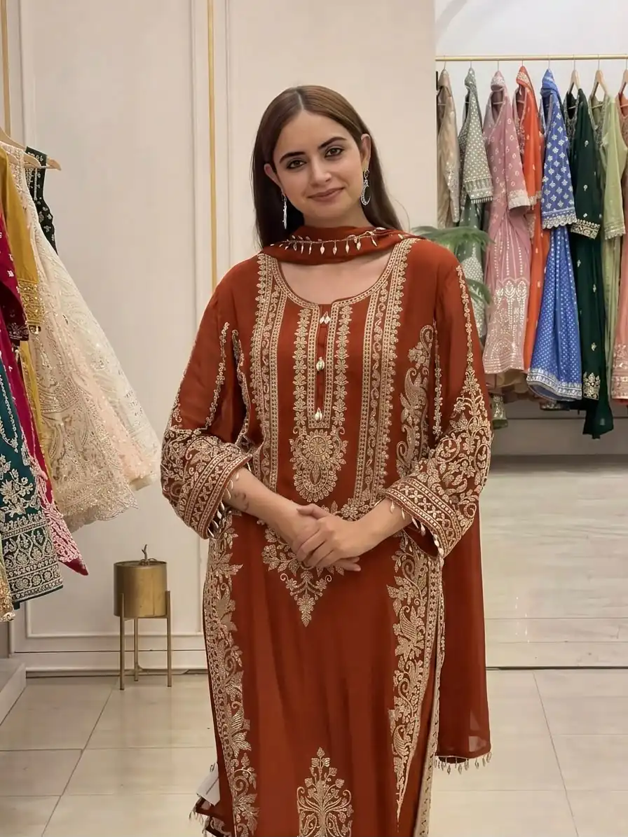 SR 1716 Rust Colour Faux Georgette Salwar Suit with Lace Work. Introductory Price ₹2449. Delivery 4-6 Working Days. Shop now. | Jump Suits, Salwar suit, Casual Suits, Creative suits, Designer Suits, Palazzo Suits, Party Wear Suits, Patiala Suits, Straight Suits