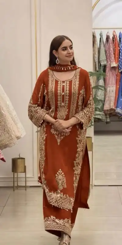SR 1716 Rust Colour Faux Georgette Salwar Suit with Lace Work. Introductory Price ₹2449. Delivery 4-6 Working Days. Shop now. | Jump Suits, Salwar suit, Casual Suits, Creative suits, Designer Suits, Palazzo Suits, Party Wear Suits, Patiala Suits, Straight Suits