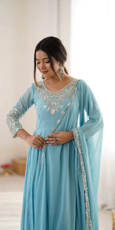 ZF 5012 Sky Blue Blooming Faux Gown with Embroidery Work. Wedding, Party, Festive, Events Grab it for ₹2149. Delivery 4-6 Working Days. Shop now. | Anarkali Suits, Bollywood Anarkali, Creative-Anarkali, Designer Anarkali, Embroidered Anarkali, Party Wear Anarkali