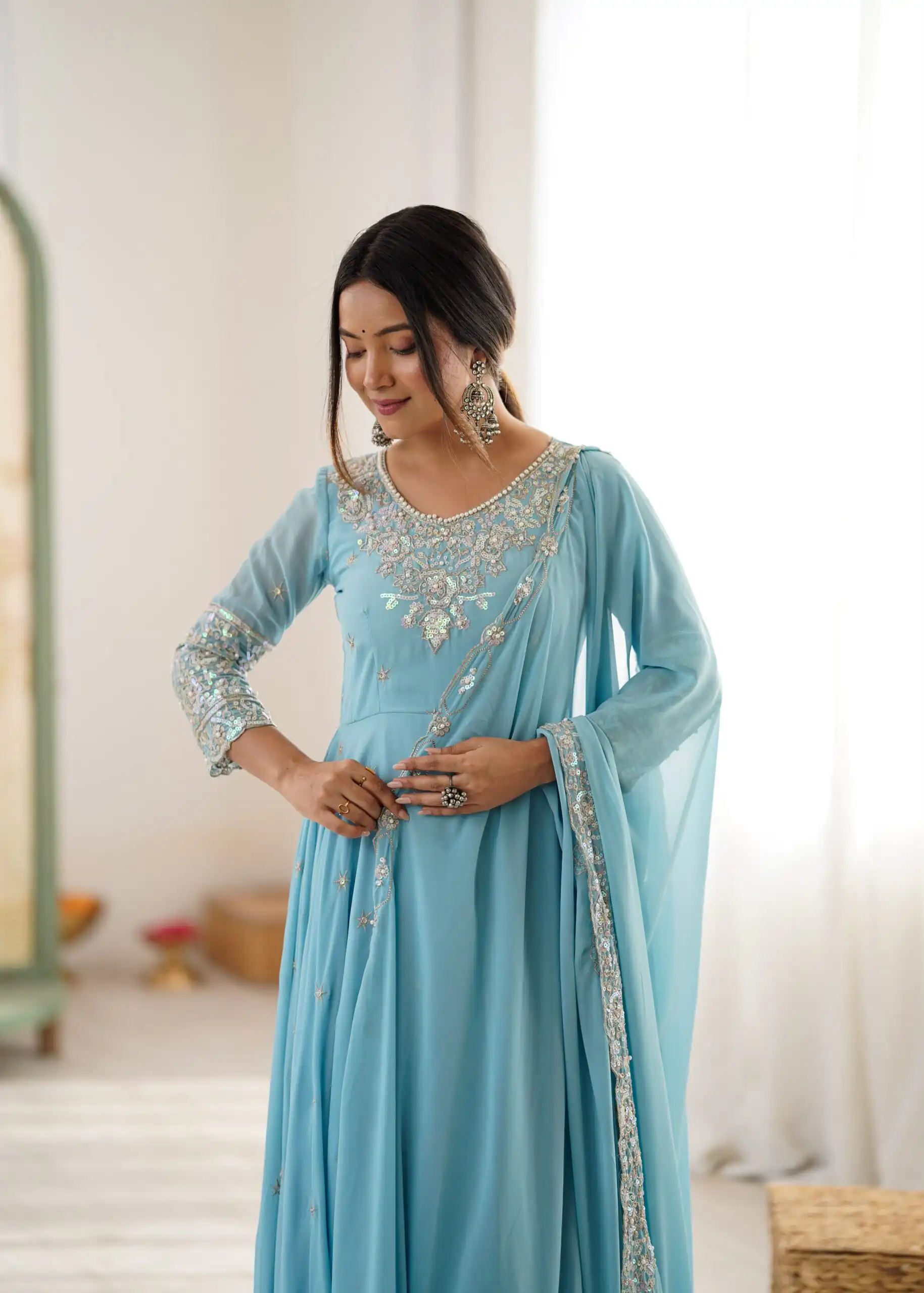 ZF 5012 Sky Blue Blooming Faux Gown with Embroidery Work. Wedding, Party, Festive, Events Grab it for ₹2149. Delivery 4-6 Working Days. Shop now. | Anarkali Suits, Bollywood Anarkali, Creative-Anarkali, Designer Anarkali, Embroidered Anarkali, Party Wear Anarkali