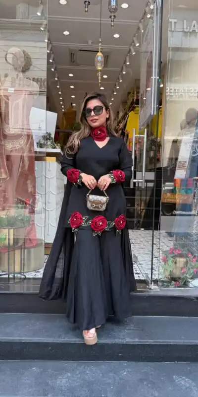 Aglow Black French Crep Silk Moti Work Salwar Suit