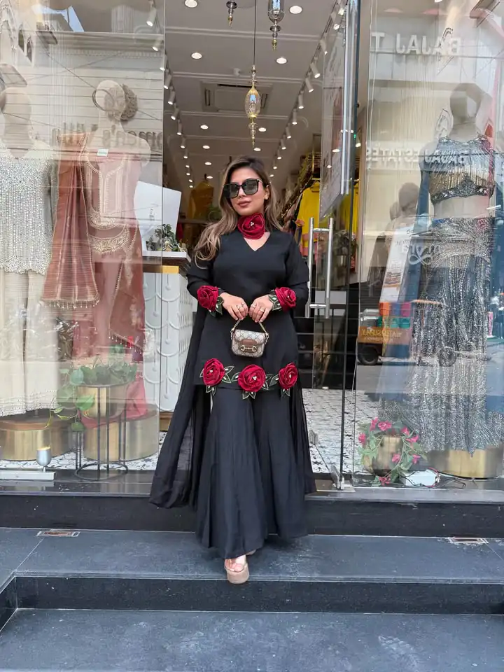 Aglow Black French Crep Silk Moti Work Salwar Suit
