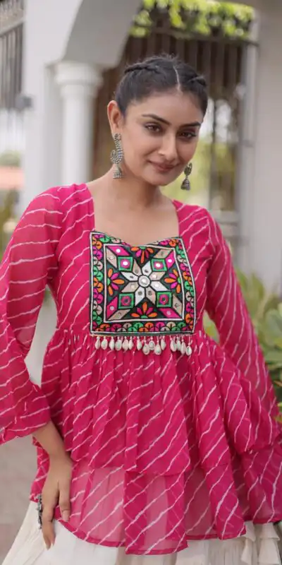 Alternative view of Aglow Pink Kora Cotton Kutchi Patch Work Lehenga Choli