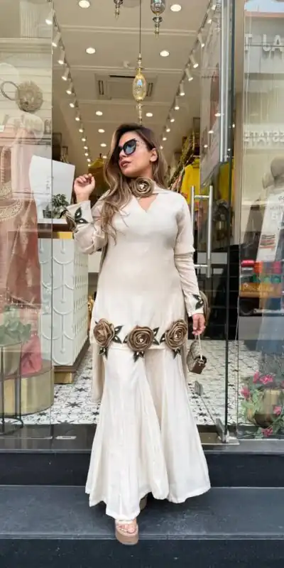 Aglow White French Crep Silk Moti Work Salwar Suit
