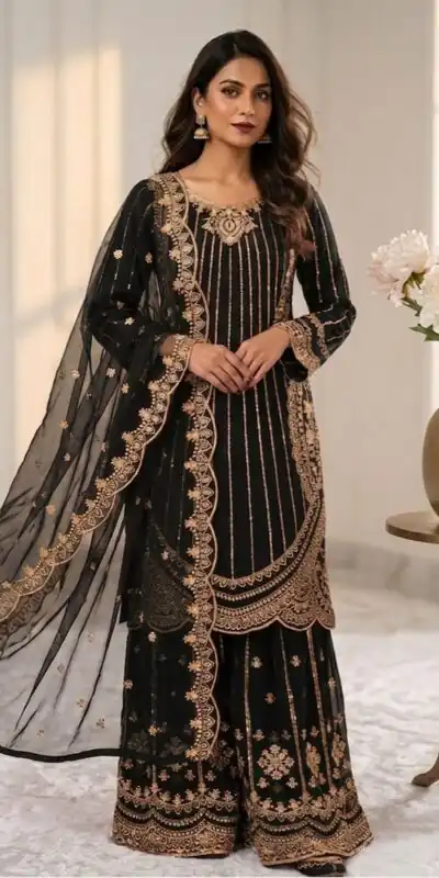 Classic Black Faux Georgette Cut Work Salwar Suit