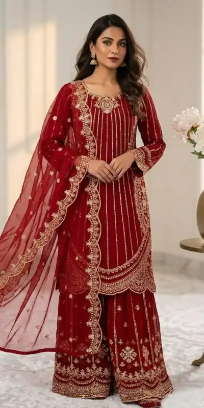 Classic Red Faux Georgette Cut Work Salwar Suit