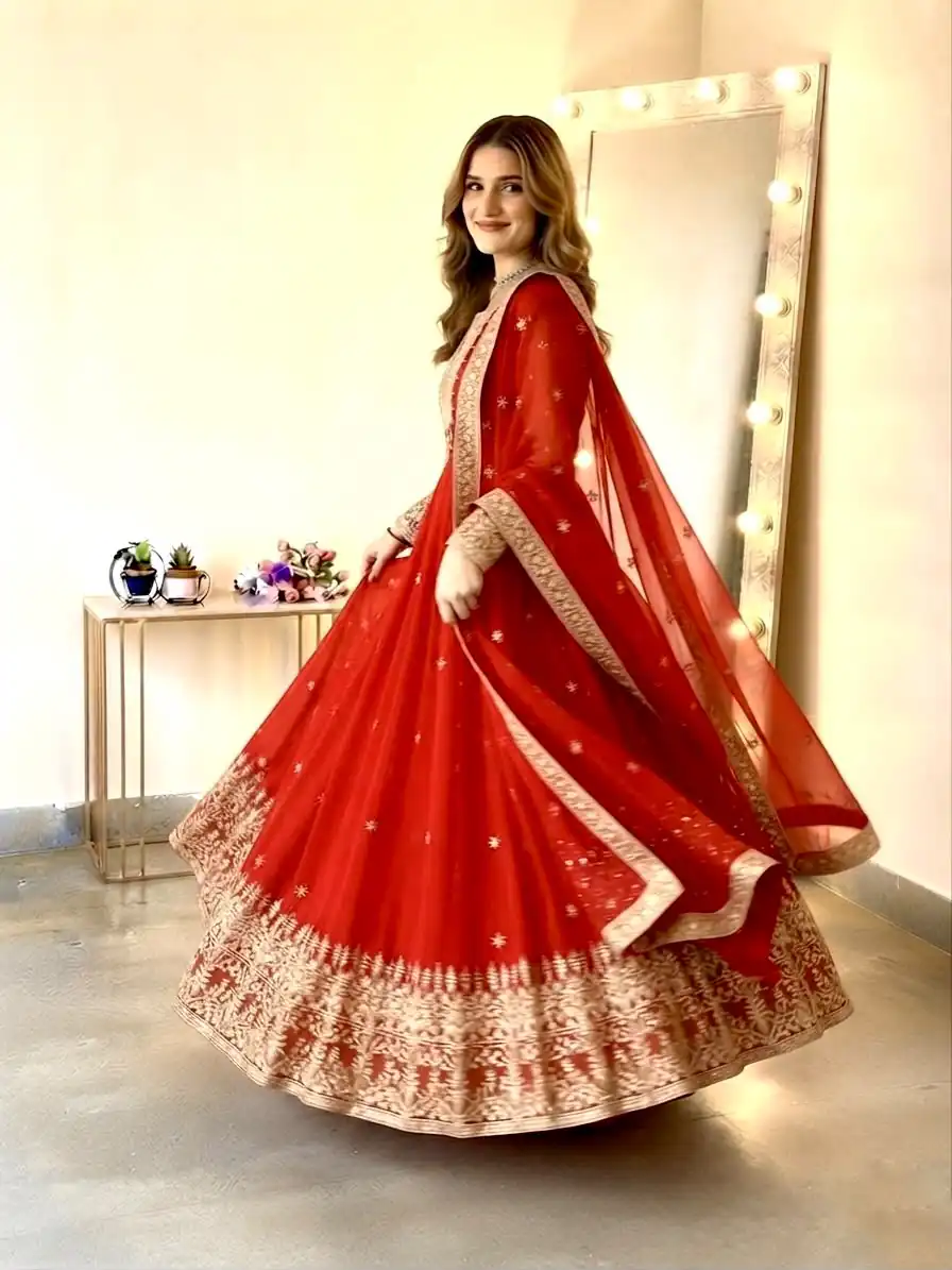 Glowing Red Georgette Embroidery Sequins Work Gown - Image 5