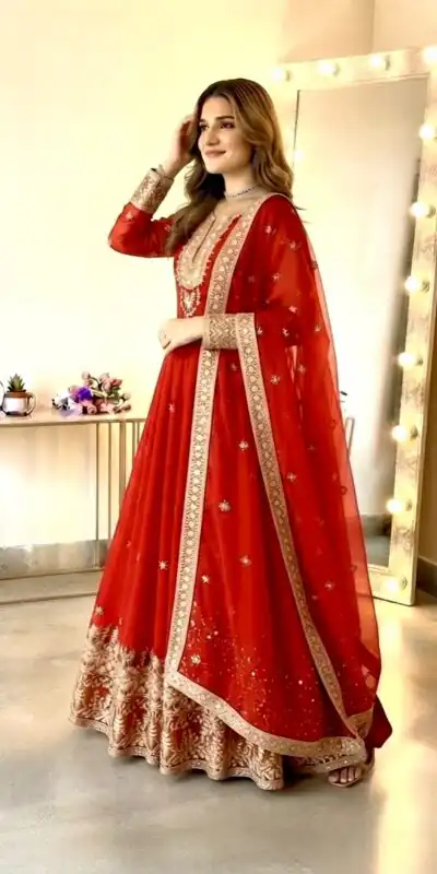 Alternative view of Glowing Red Georgette Embroidery Sequins Work Gown