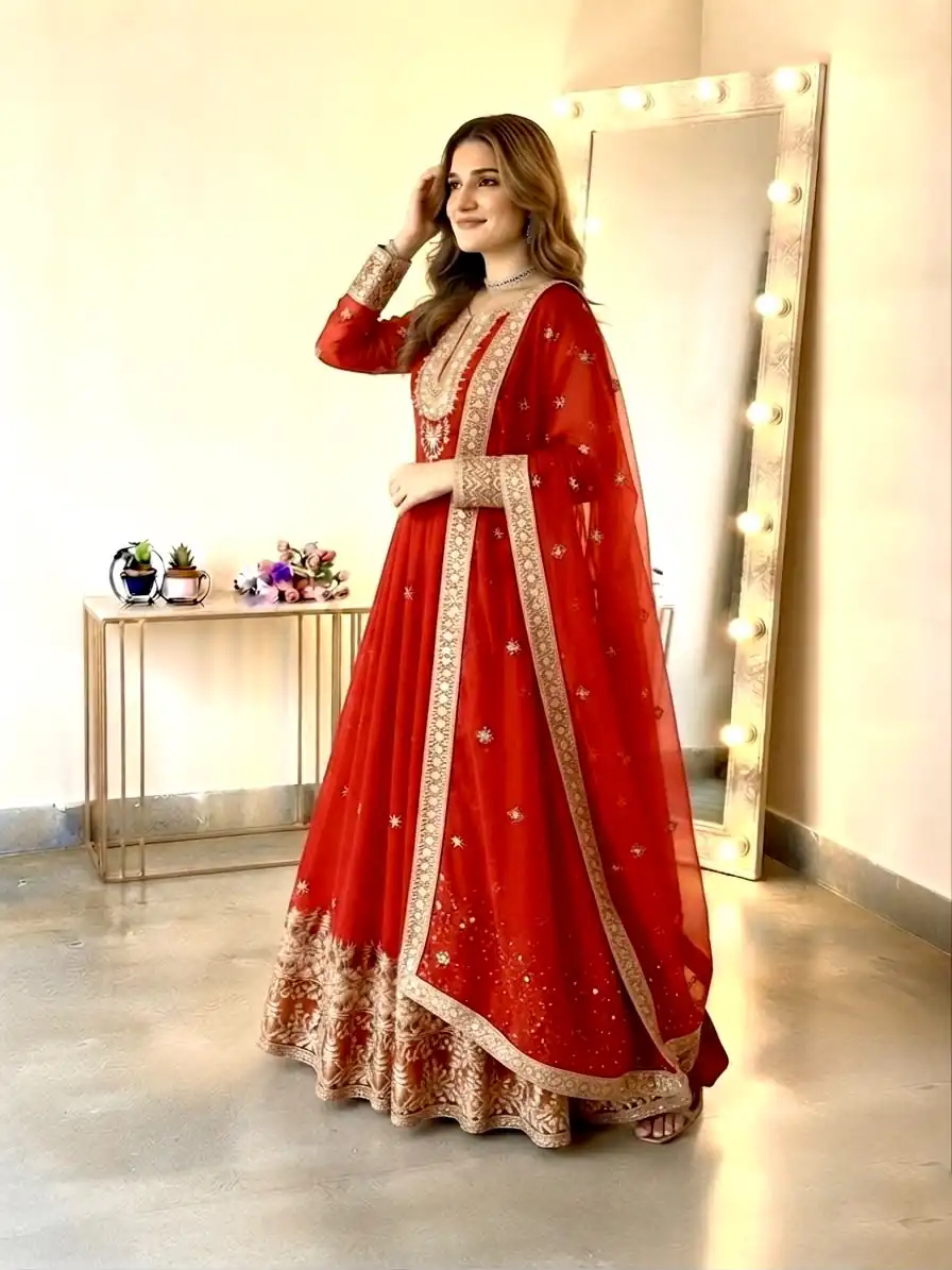 Glowing Red Georgette Embroidery Sequins Work Gown - Image 2