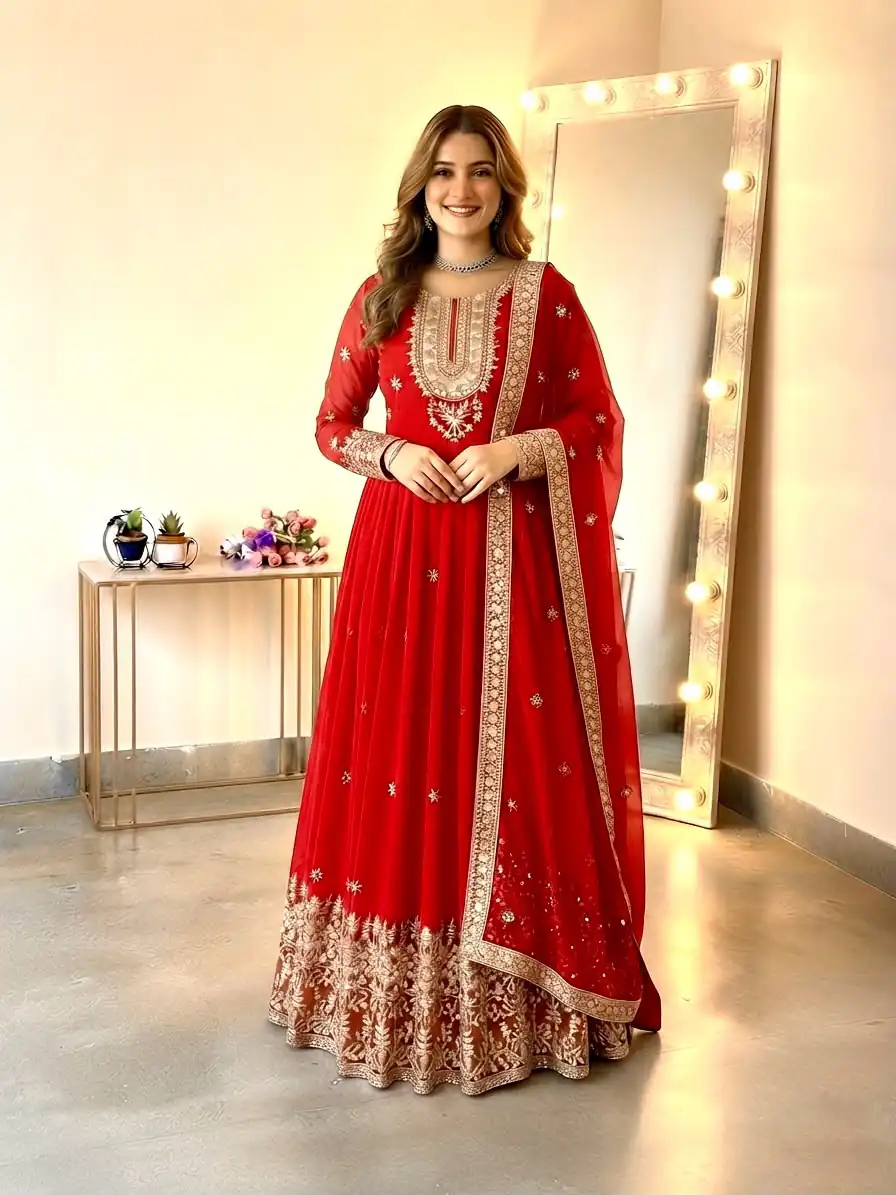 Glowing Red Georgette Embroidery Sequins Work Gown