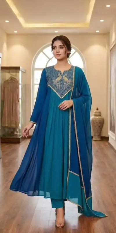 Graceful Blue Mul Chanderi Silk Embroider Work Salwar Suit