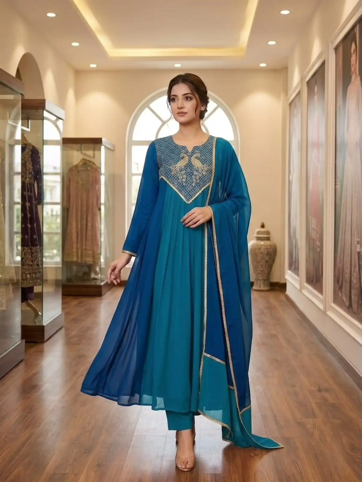 Graceful Blue Mul Chanderi Silk Embroider Work Salwar Suit