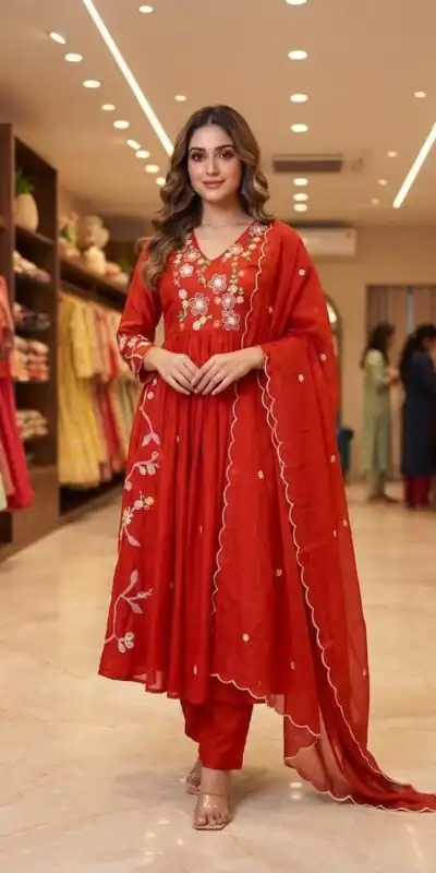 Graceful Red Mul Chanderi Silk Thread Work Salwar Suit