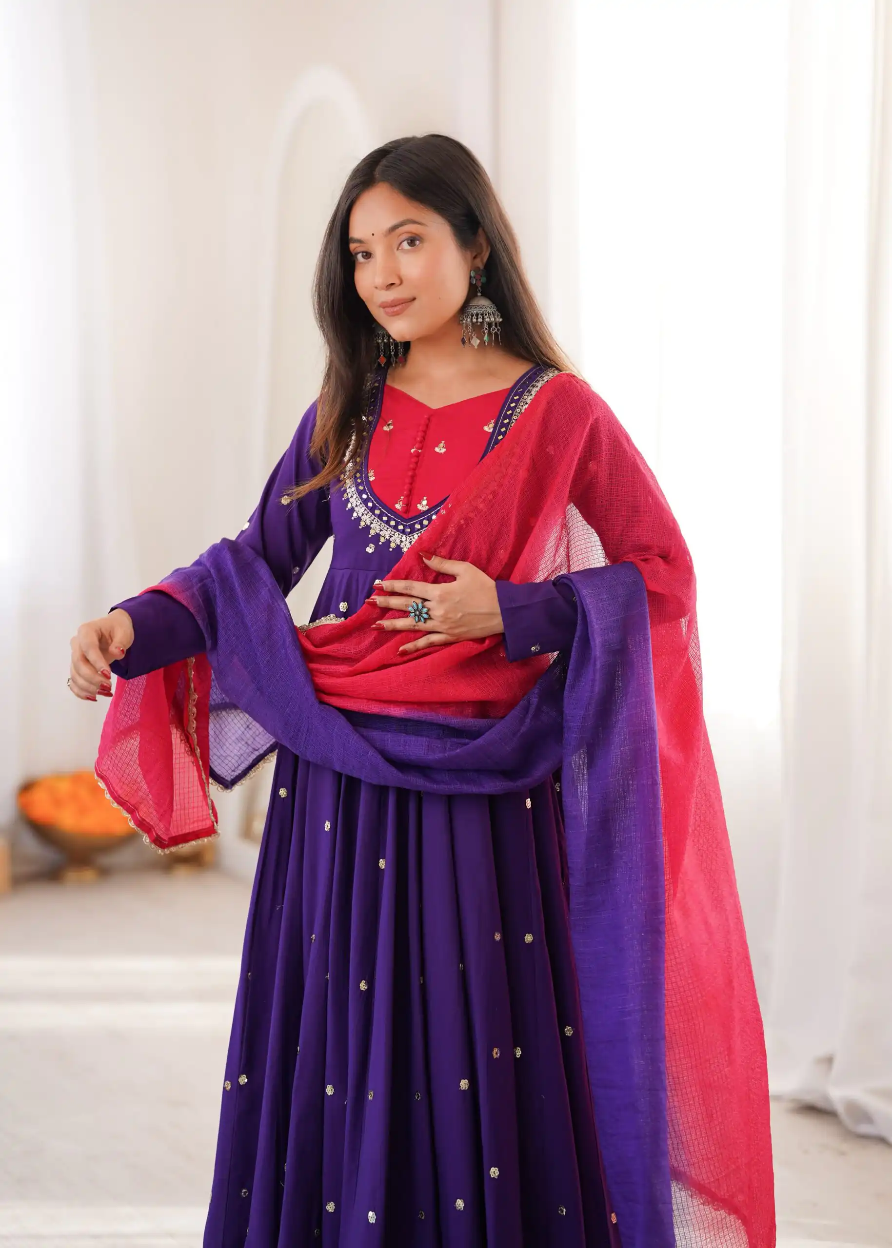 Lovely Purple Roman Silk Mirror Embroidery Work Gown - Image 6