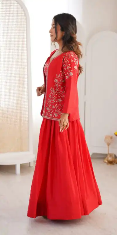 Alternative view of Shiny Red Chinon Silk Sequence Work Lehenga Choli