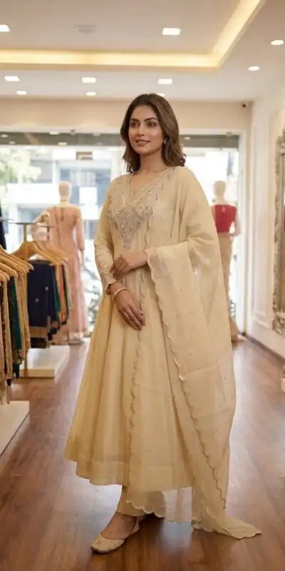 Alternative view of Simple Off White Cos Moss Embroidery Work Salwar Suit