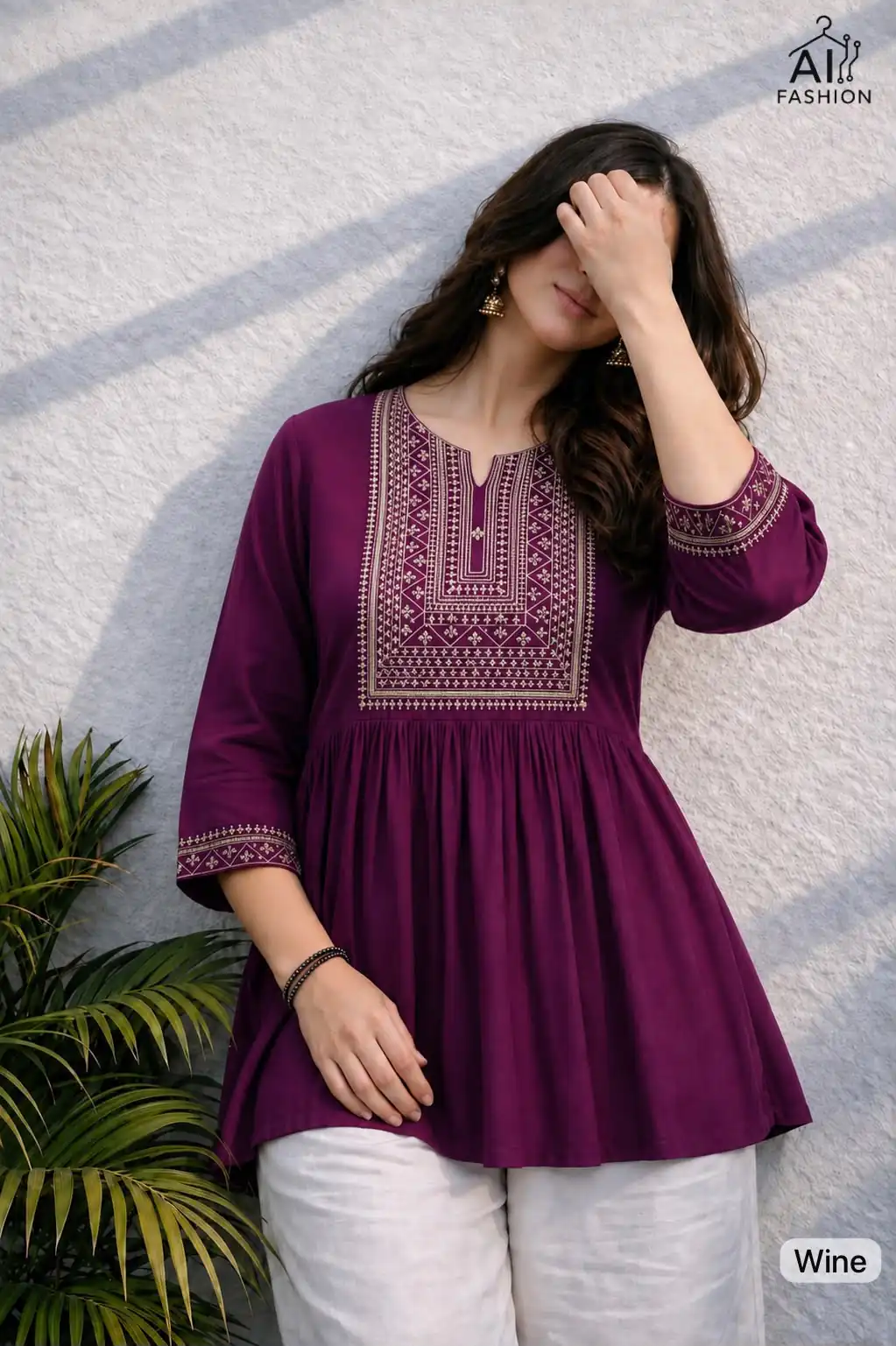 Stylist Wine Rayon Cotton Beads Work Kurt