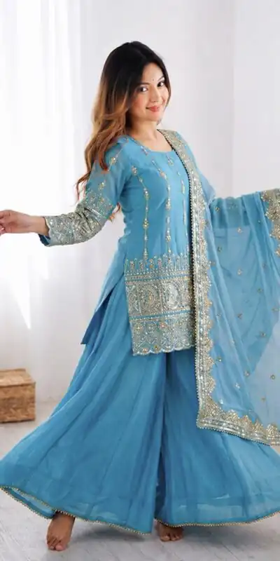 Alternative view of Super Sky Blue Vichitra Silk Sequence Work Salwar Suit